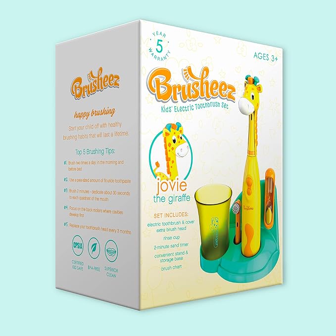 Brusheez Kids’ Electric Toothbrush Set - Safe & Effective for Ages 3+ - Parent Tested & Approved with Gentle Bristles, 2 Brush Heads, Rinse Cup, 2-Minute Timer, & Storage Base (Jovie The Giraffe)-CubbioJoy
