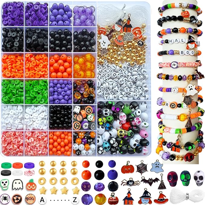 3140Pcs Halloween Beads for Bracelet Jewelry Making Kit, Halloween Clay Beads Black White Orange Purple Pumpkin Round Letter Star Skull Bead Bulk with Ghost Witch Hat Charm for DIY Craft Earring-CubbioJoy