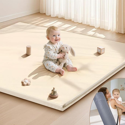 Baby Play Mat 47x47 Inches, Extra Thick 1.2" Foam Floor Mat for Tummy Time & Crawling, Waterproof Non-Slip Faux Leather Playpen Mat for Infants Toddlers, Indoor Outdoor Gym Activity, Beige-CubbioJoy