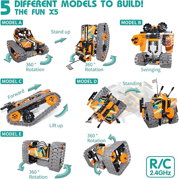 5 in 1 STEM Remote Control Building Kit, 392Pcs Blocks Erector Projects Set Toys for Kids Age 8-12, Build a Tank/Robot/AVT DIY Science Educate 6 7 9 10 11 Years Old for Boys & Girls Gift Ideas-CubbioJoy