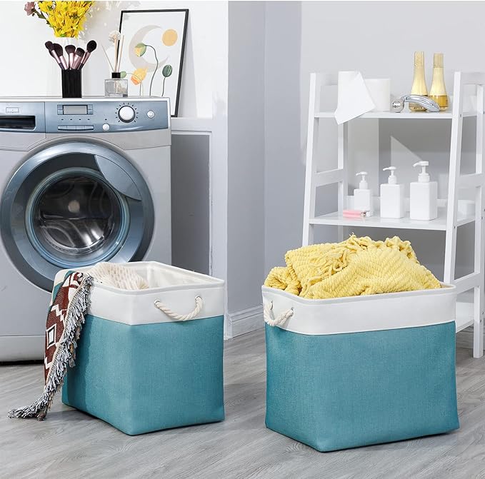 Bidtakay Storage Baskets Extra Large 17x12x15 In Teal Blue Nursery Toy Baskets Fabric Long Shelf Baskets for Organizing Set of 2 Linen Closet Bins for Shelves Decorative Blanket Basket Living Room-CubbioJoy
