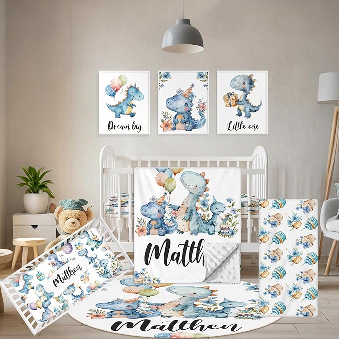 Custom Baby Crib Set - 5 Pcs Personalized Name Blue Dinosaur Crib Bedding Set for Infants Toddlers - Soft Double Layer Nursery Bedding Set for Boys - Customized Gifts for Baby Shower Birthday-CubbioJoy