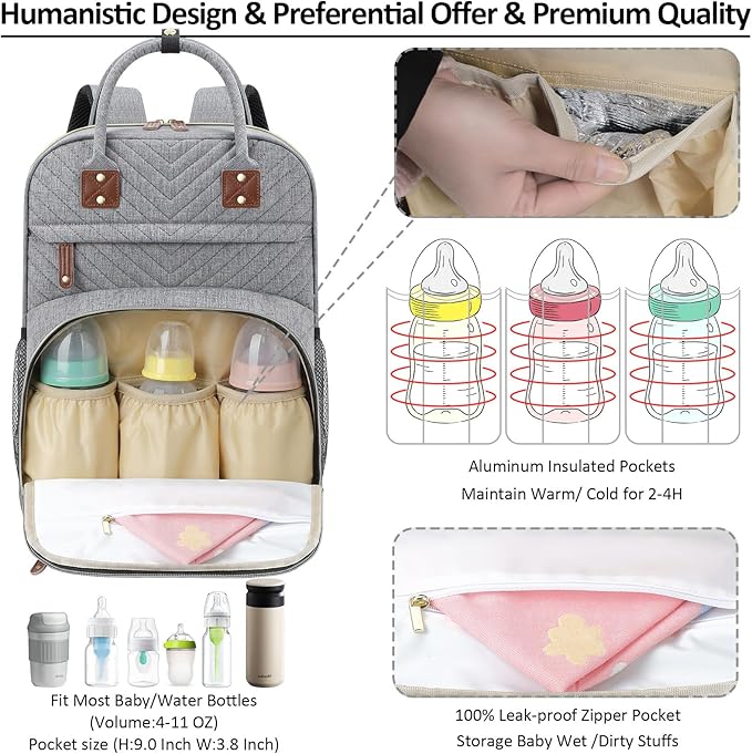 Diaper Bag Backpack Tote with Insulated Pockets for Men Baby Boys Girls Newborn Unisex Tactical Large Capacity, Multifunctional Waterproof Grey-CubbioJoy