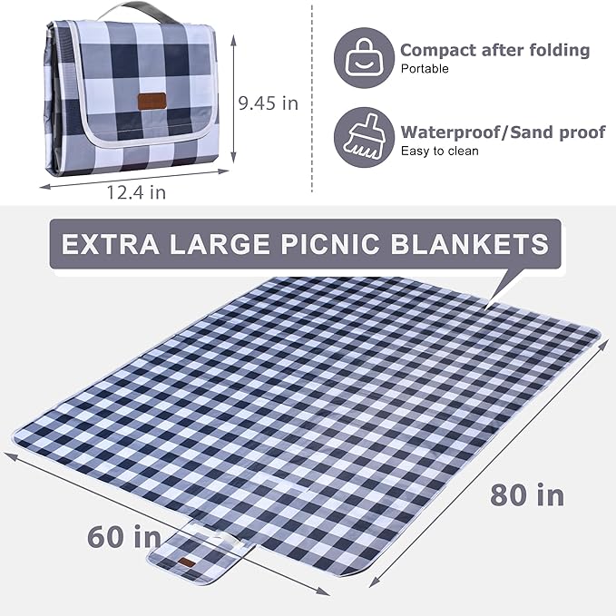 80"x60" Waterproof Sandproof Picnic Mat - Portable Foldable Outdoor Blanket for Beach, Park, Travel & Indoor Use - Lightweight Compact Design, Easy-Carry (Gray&White)-CubbioJoy