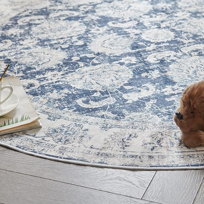 jinchan Round Rug 6ft Area Rugs Vintage Floral Distressed Design - Machine Washable Non-Slip Low-Pile Ultra-Thin Circle Rug for Entryway Bedside Living Room Dining Room Bedroom (6' Round,Dark Blue)-CubbioJoy