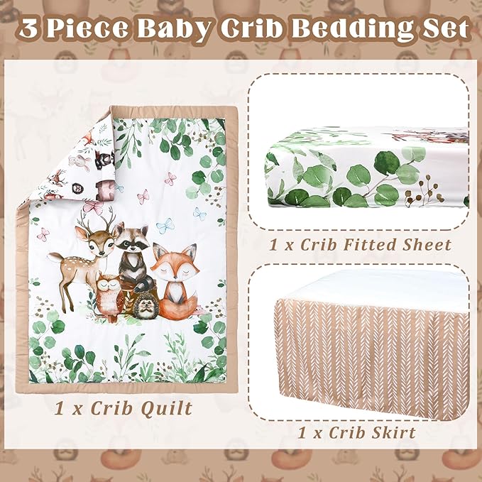 3 Pcs Baby Crib Bedding Set Safari Animals Dinosaurs Bear Woodland Animals Jungle Crib Set Includes Quilt, Fitted Sheet, Skirt for Baby Boy Girl(Green,Woodland Raccoons Deer Etc.)-CubbioJoy