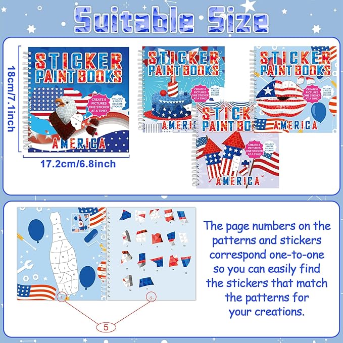 4Pcs Patriotic Paint by Sticker Books Sticker by Number Books Activity Book Puzzle Book Craft Art Gift Memorial Day 4th of July American Star 32 Pictures-CubbioJoy