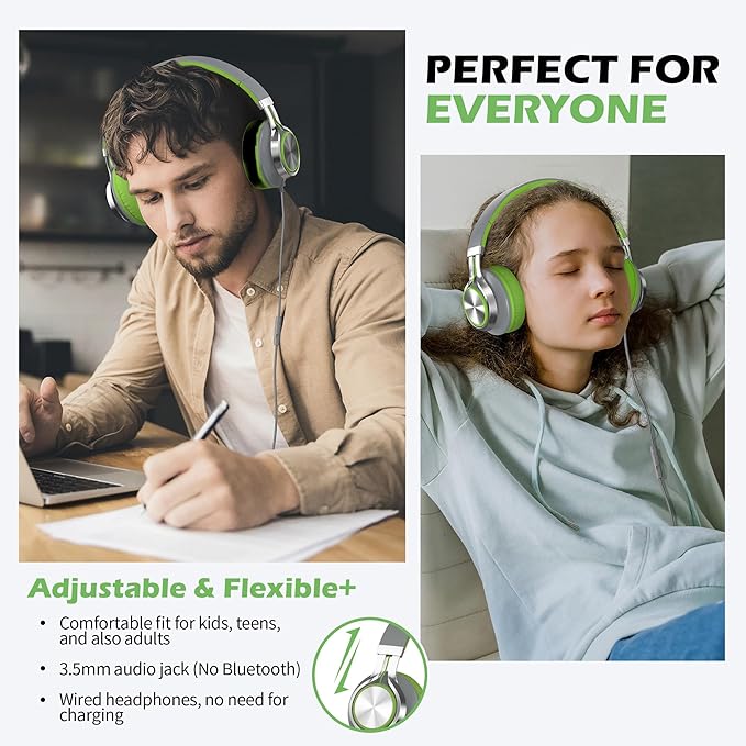 AILIHEN C8 Headphones Wired, On-Ear Headphones with Microphone and Volume Control, Corded 3.5mm Headset for Boys Girl School Smartphones Chromebook Laptop Computer Tablets Airplane Travel (Grey/Green)-CubbioJoy