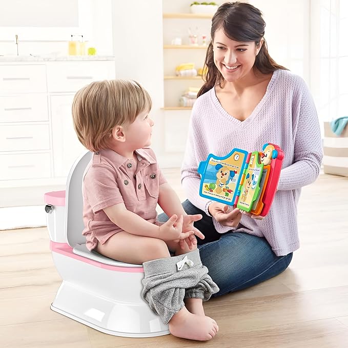 2-in-1 Toddler Potty Training Toilet - Larger Potty Chair & Detachable Training Seat for Boys & Girls Ages 1-3 with Flushing Sound, Wipes Storage, Toilet Paper Holder - Pink-CubbioJoy
