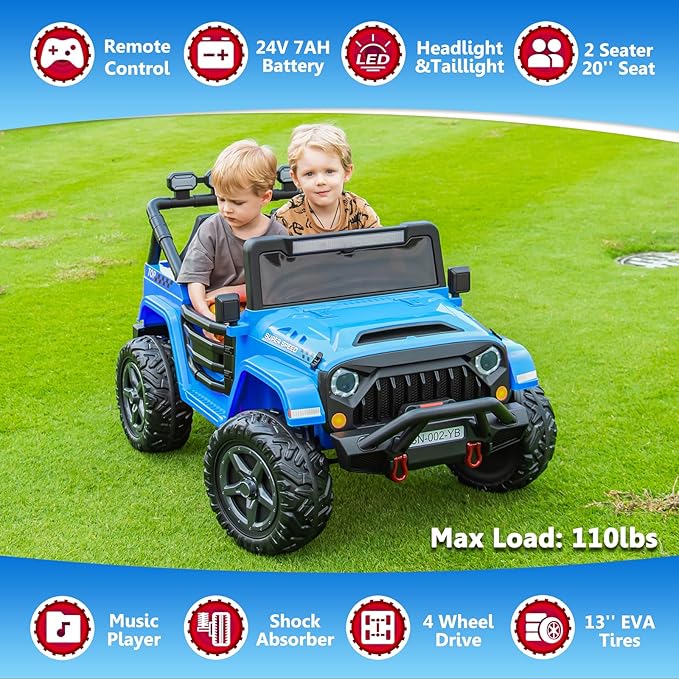 24V 2 Seater Ride On Truck with Remote Control 4WD Electric Car for Kids Ride On Car Battery Powered Ride On Toy Car with Music Player, LED Lights, Bluetooth, Rear Shock Absorber, Blue-CubbioJoy