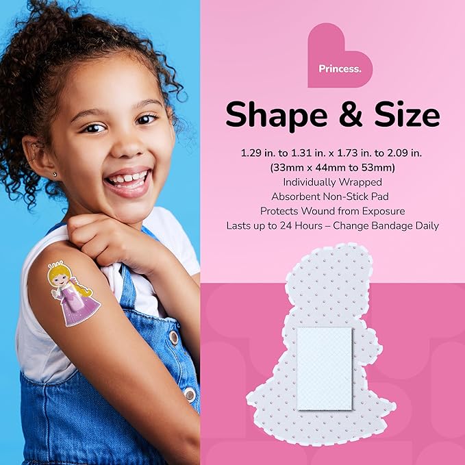 BioSwiss Bandages, Princess Shaped Self Adhesive Bandage, Latex Free Sterile Wound Care, Fun First Aid Kit Supplies for Kids, 50 Count-CubbioJoy