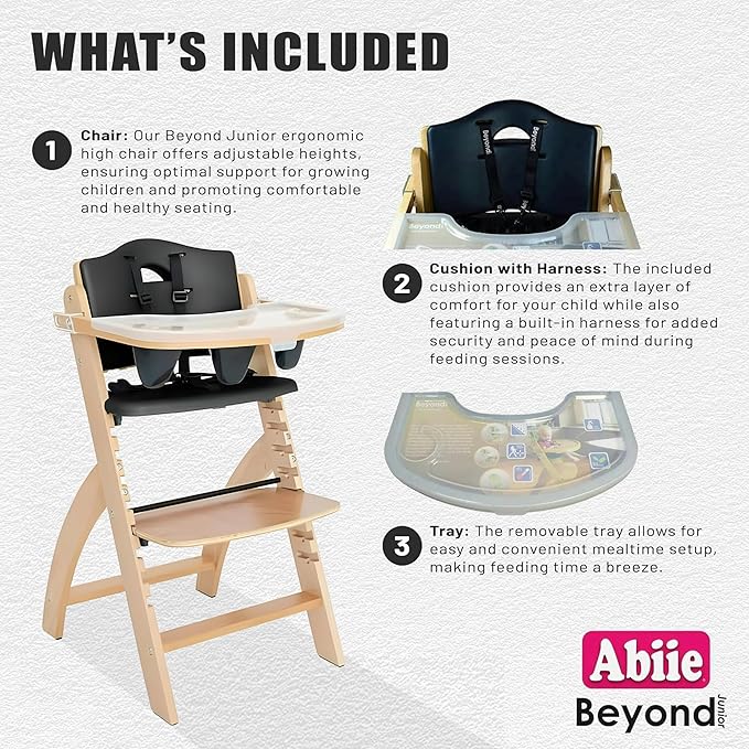 Abiie Beyond Junior Wooden High Chair with Tray - Adjustable and Convertible High Chair for Babies and Toddlers - 6 Months to 250 Lb - Water Resistant - Natural Wood with Black Pearl Cushion-CubbioJoy