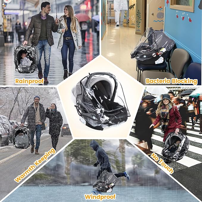 Car Seat Rain Cover Universal, Food Grade EVA, Waterproof Weather Shield for Infant Car Seat with Storage Bag, Baby Car Seat Stroller Rain Cover Features Side Ventilation, Quick-Access Roll-Up Door-CubbioJoy