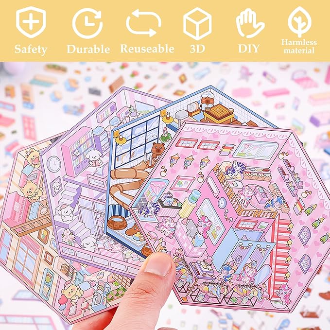 DIY 3D Sticker Scene 4 Sets of Reuseable and Waterproof Stickers Make Your Own Shop Scenes Sticker Cute Miniature Cartoon Stickers for Kids Adult-CubbioJoy