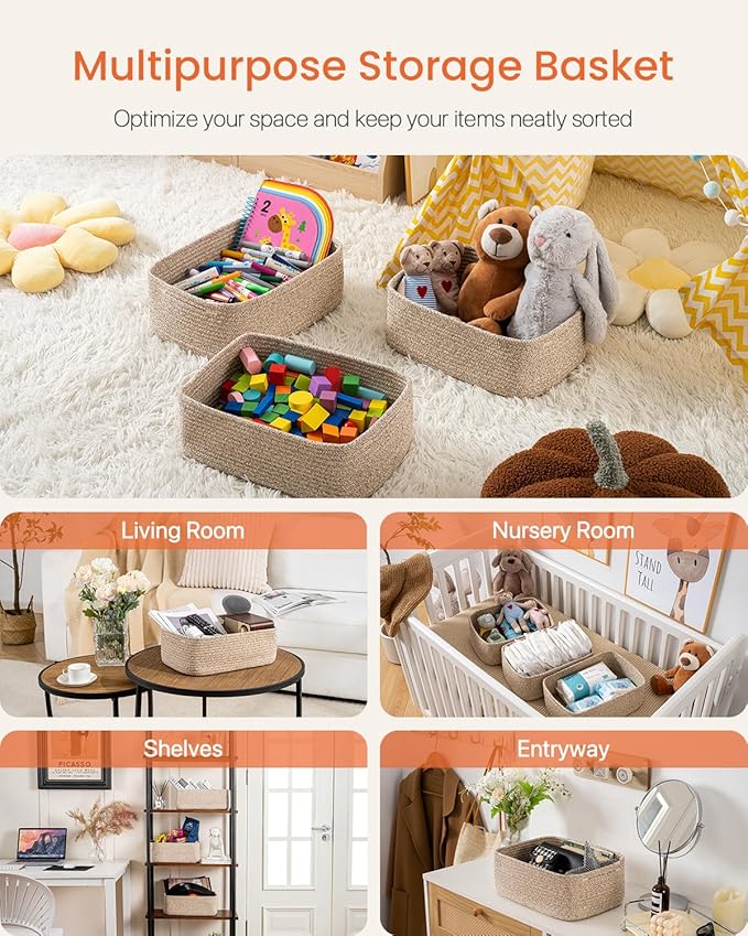 KALLAX Small Woven Basket, 13.5 x 9.5 x 5 Inches, Storage Basket for Organizing, Cute Small Rope Shelf Closet Cube Storage Bins Baskets for Shelves, Dog Toy Gift Baskets Empty, 3 Packs, Mixed Brown-CubbioJoy