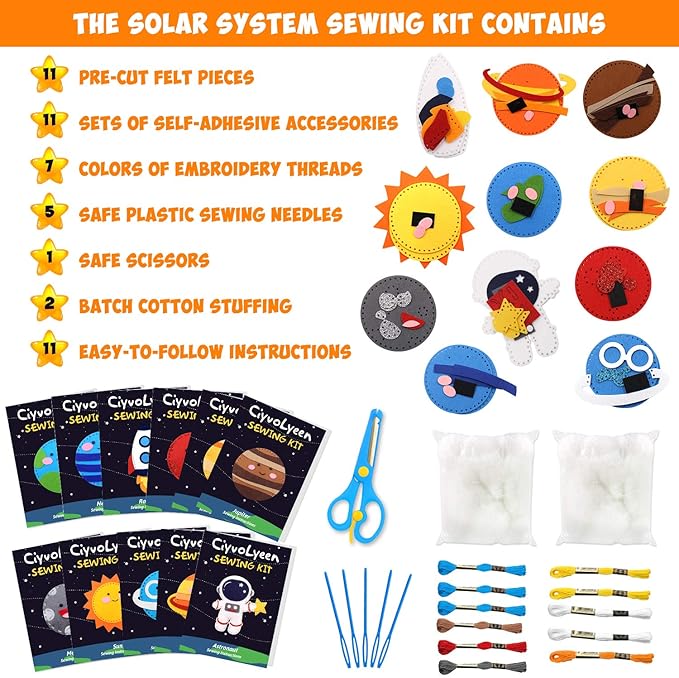 CiyvoLyeen Space Sewing Kit for Kids Solar System DIY Activity Kids Felt Craft Supplies for 7 8 9 10 11 12 Girls and Boys Educational Beginners Sewing Set of 11-CubbioJoy