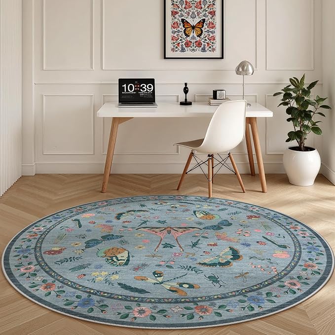 6ft Washable Round Rug - Bug Rugs for Living Room Non-Slip Low Pile Soft Ultra-Thin Machine Washable Circle Carpet for Bedroom, Entryway, Nursery, Kitchen, Home Office (6' Round Blue)-CubbioJoy