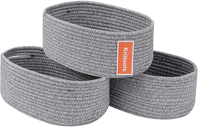 Baskets to Store Organize Household Items/Cute Basket&Bin for Shelf Storage Woven Rope Basket for Living Room, Bedroom,Play room/13x8.66x5.11’’ Cotton Rope,Durable&Stylish,Oval 3 Packs Gray-CubbioJoy