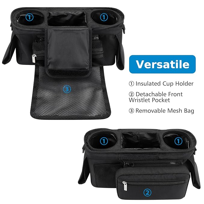 Accmor Universal Stroller Organizer with Insulated Cup Holder Detachable Phone Bag and Shoulder Strap,Stroller Bag Caddy Organizer Fits for Uppababy, Baby Jogger, Britax Strollers-CubbioJoy