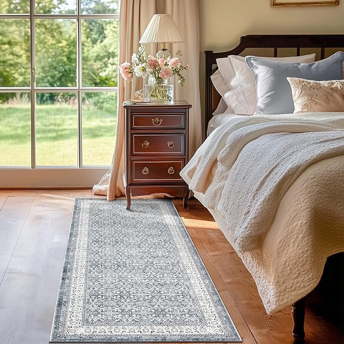 jinchan Floral Runner Rug 2x5 - Machine Washable Grey Vintage Distressed Design Soft Non-Slip Low-Pile Ultra-Thin Runner Rug for Kitchen Hallway Laundry Room Entryway Farmhouse (2‘x5',Grey)-CubbioJoy