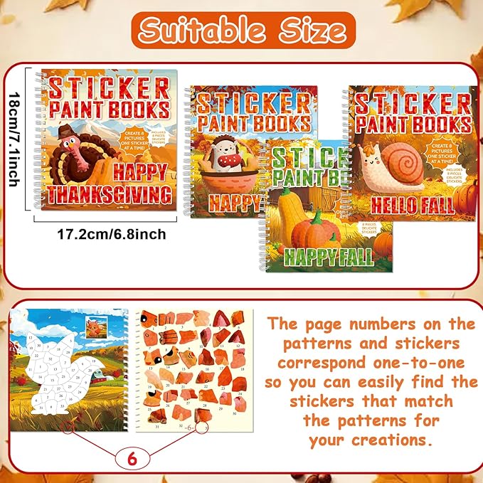 4PCS Thanksgiving Paint by Sticker Books Crafts for Kids Ages 4-8 Fall Sticker by Number Books Activity Book for Kids Age 3-5 Puzzle Book Craft Art Toddler Gift with Turkey Pumpkin 32 Pictures-CubbioJoy
