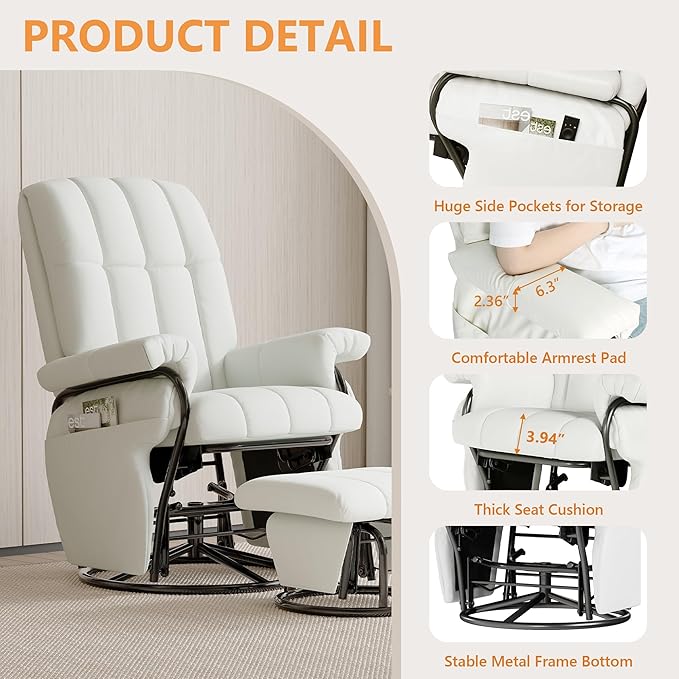 JIASTING 360° Swivel Leather Recliner Chair with Ottoman & Double Side Pockets, Nursing Glider Rocking Recliner Chair, Gliding Chairs for Nursery, Living Room, Office, Bedroom, Metal Frame (White)-CubbioJoy