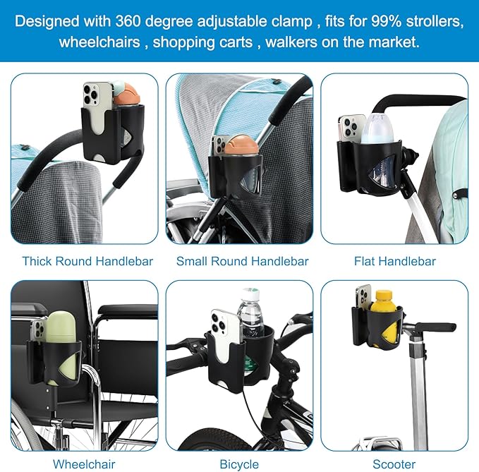 Accmor Universal Cup Holder with Hook, Stroller Cup Holder with Phone Holder, 360° Rotatable Large Caliber Designed Bottle Holder for Stroller, Bike, Wheelchair, Walker, Scooter-CubbioJoy