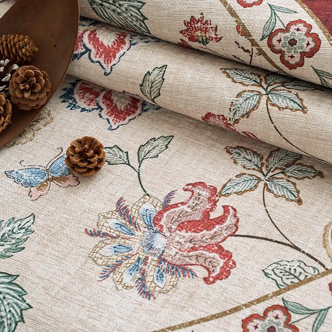 jinchan 3x10 Floral Runner Rug for Hallway Washable Kitchen Runner Vintage Romance Design Non Slip Thin Indoor Floor Cover Low-Profile Throw Carpet for Entryway Bathroom Bedroom Porch, Red/Beige-CubbioJoy