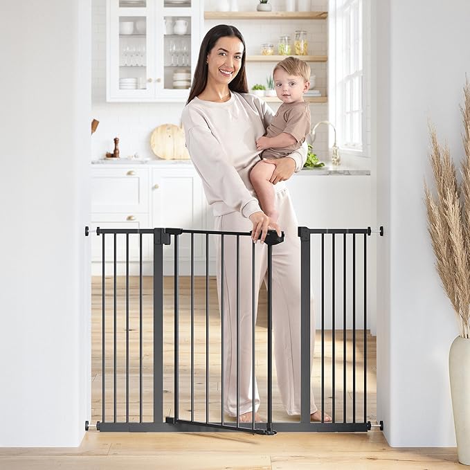 Comfy Cubs Baby Safety Gate with 3 Extensions - Adjustable 42" x 1.9" x 30" Q195 Steel Doorway Barrier - Powder-Coated Finish for Stairs and Doorways - Walk-Through Design Pet Gate - Black-CubbioJoy