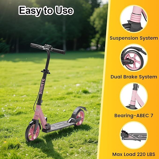 Kick Scooter for Kids Teens & Adults, 4 Adjustable Heights, 8IN All Terrain Big Wheels, Dual Brakes & Dual Suspension, Foldable and Lightweight, Gifts for Girls Boys-CubbioJoy