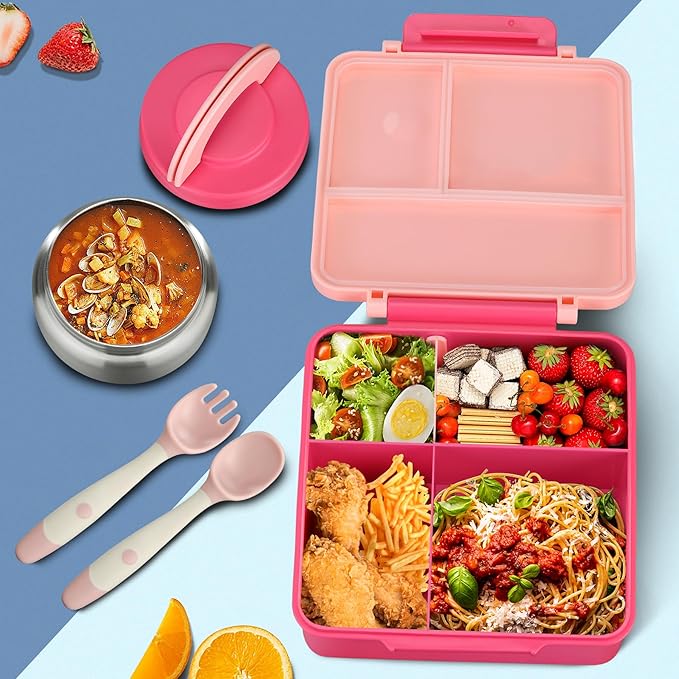 Bento Lunch Box for Kids with 8oz Soup Thermo&Lunch Bag, Leak-Proof Lunch Food Containers with 4 Compartment, Hot Food Insulated Food Jar for Kids School (Pink)-CubbioJoy
