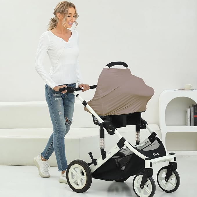 Breathable Car Seat Cover for Babies – Multi-Purpose Soft Rayon Nursing Cover for Breastfeeding, High Stretchy Infant Carseat Canopy, Stroller Cover (Smooth Rayon, Mocha Natural)-CubbioJoy