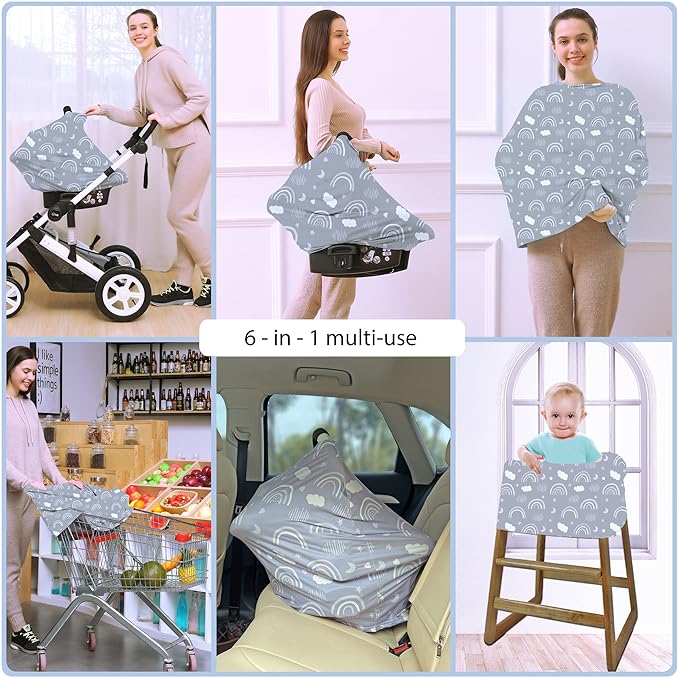 Car Seat Covers for Babies - Multi- use Nursing Carseat Canopy, Breastfeeding Covers, Baby Shower Gifts for Boys and Girls (Grey Rainbow)-CubbioJoy