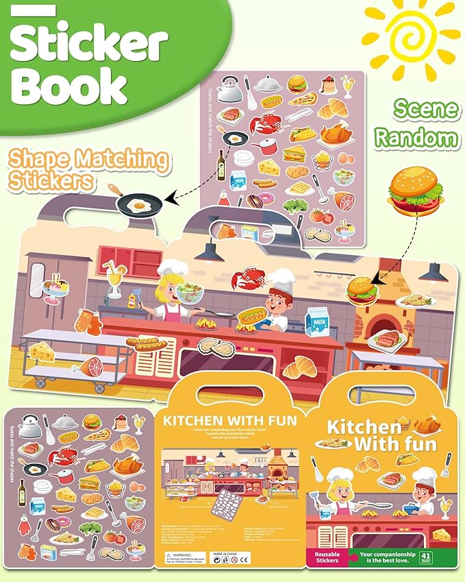 Benresive Reusable Sticker Book for Toddlers 2-4 Years, Fun Travel Stickers for Kids, Waterproof Sticker Books for Toddlers 1-3, Crafts Activities for Todddlers 1-3 2-4 3-5 - Kitchen-CubbioJoy