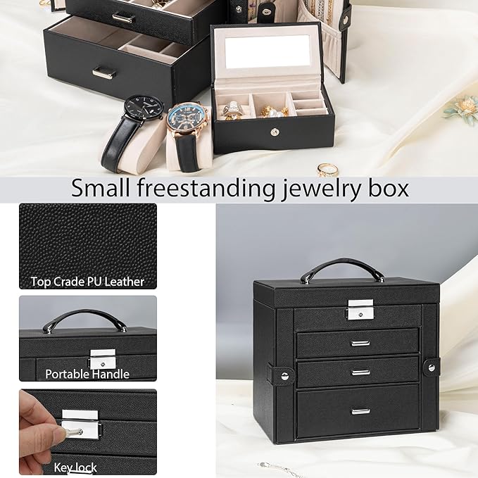 AKOZLIN 4-Tier Jewelry Box Lockable Leather Jewelry Storage Case Organizer with 3 Drawers for Women Girls Ring Necklace Earring Bracelet Watches Holder with Mirror-CubbioJoy