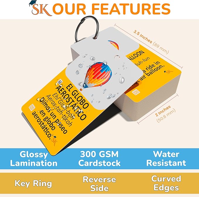 300 Vocabulary Flashcards | Double Sided English-Spanish Bilingual Flashcards for Adults & Kids Ages 12+ | Portable Noun Flash Cards to Learn Spanish for Adult Beginners-CubbioJoy