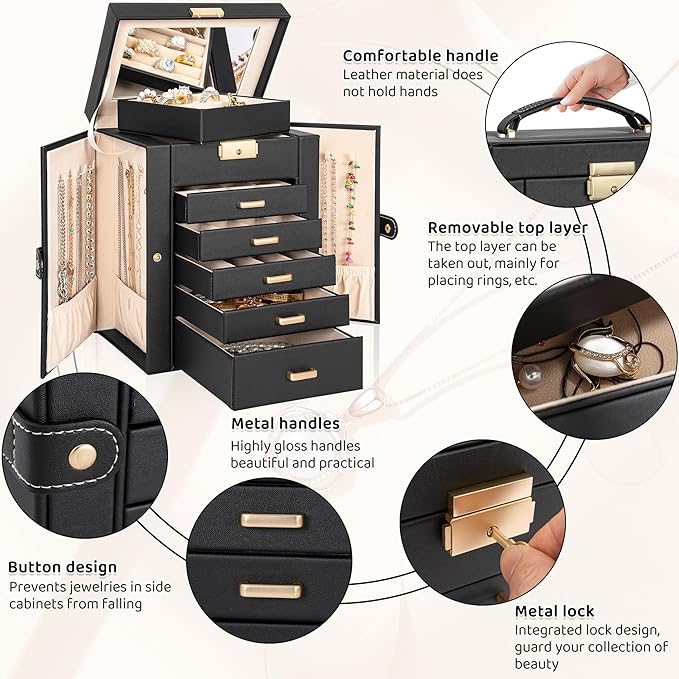 AKOZLIN 6-Tier Jewelry Box Lockable Leather Jewelry Storage Case with 5 Drawers for Women Girls Ring Necklace Earring Bracelet Holder Organizer with Mirror-CubbioJoy