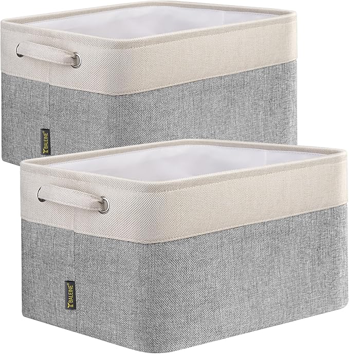 BALEINE 2 Pack Fabric Storage Bins for Shelves, Linen Storage Baskets for Organizing, Decorative Closet Bins for Clothes, Home (Grey, 15"x11"x9.5")-CubbioJoy