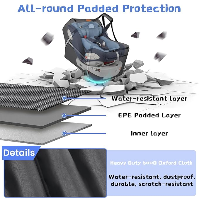 Infant Car Seat Travel Bag for Airplane Compatible with All Nuna Pipa Car Seat and Base,Chicco KeyFit 30 and Base, Padded Car Seat Bags for Air Travel,Car Seat Gate Check Bag with Side Pocket, Gray-CubbioJoy