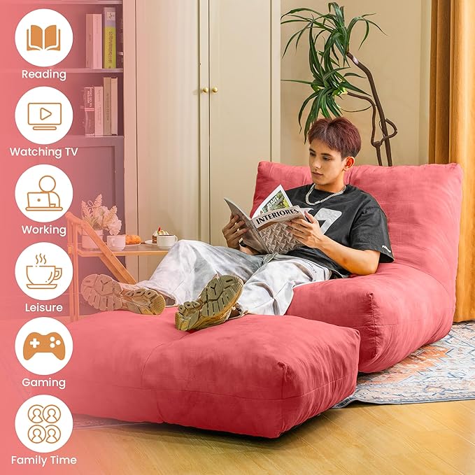 Bean Bag Chair with Ottoman, Comfy Bean Bag Sofa with Memory Foam, Lazy BeanBag Sofa with Footstool, Fireside Bean Bag Couch for Living Room, Bedroom, Apartment-CubbioJoy