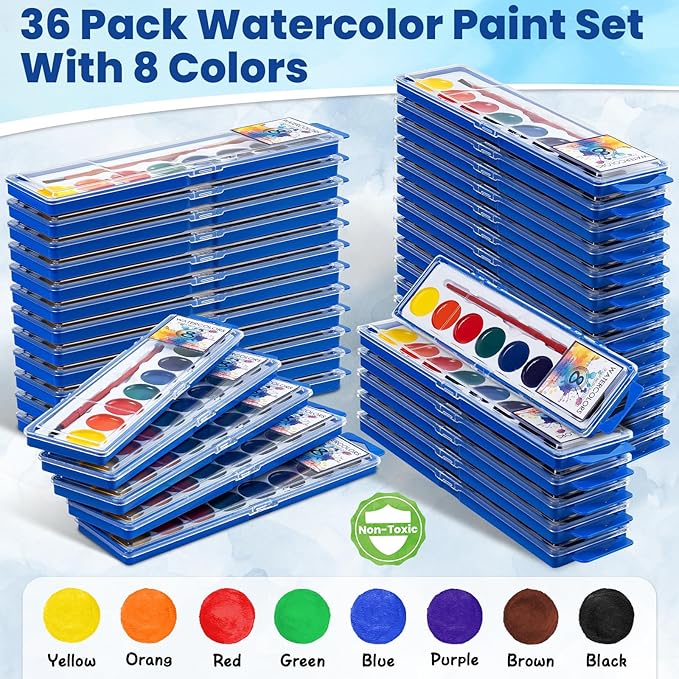 36 Pack Watercolor Paint Set, Washable Watercolor Paint Bulk for Kids, Water Color Paint with Paint Brushes, Ideal Gifts for Party Favors, School Supplies & Classroom Prizes, Art Activities, 8 Colors-CubbioJoy