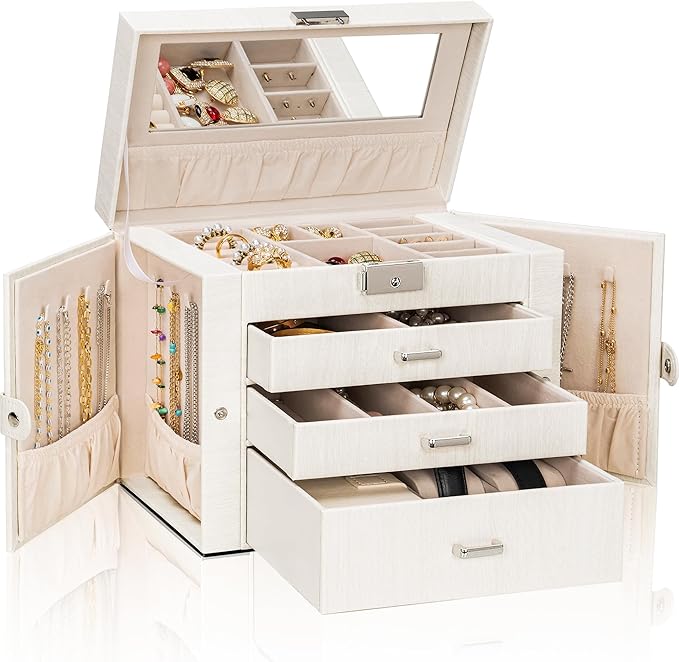 AKOZLIN 4-Tier Jewelry Box Lockable Leather Jewelry Storage Case Organizer with 3 Drawers for Women Girls Ring Necklace Earring Bracelet Watches Holder with Mirror-CubbioJoy