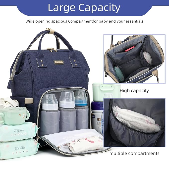 Diaper Bag Backpack, Diaper Bags for Baby Girls Boys, Baby Bags for Moms Dads, Nappy Changing Bag with Insulated Pockets,Multi-functional Waterproof Backpack with Stroller straps-Blue-CubbioJoy