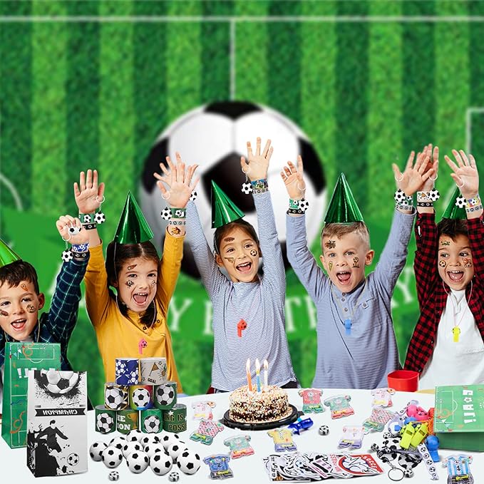 158Pcs Soccer Party Favors - Bags, Whistles, Balls, Slap Bracelets, Keychains, Stickers, Tattoos for Party Goodie Bags-CubbioJoy