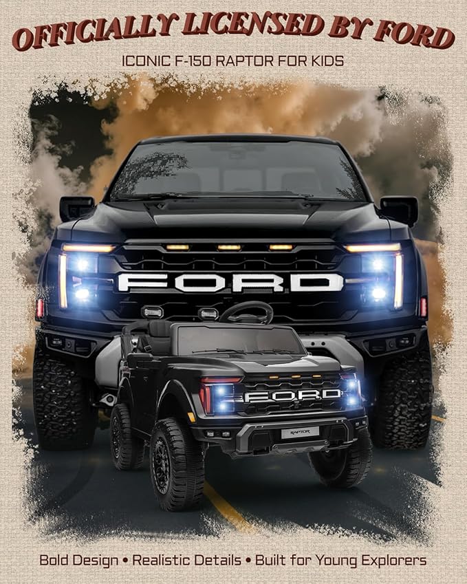 24V Ride on Toys for Big Kids, Licensed Ford F-150 Raptor 2 Seater Kids Ride on Car w/Remote Control, Toddler Electric Car w/LED Lights, Bluetooth, Truck Bed Storage, Soft Start (Black)-CubbioJoy