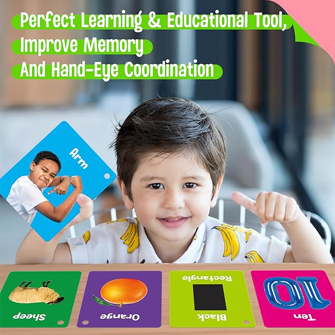 50 PCS Early Learning Flashcards, 7 in 1 Double Sided Cards- Alphabet, Numbers, Foods, Animals, Shapes, Colors with 2 Reclosable Rings, Learning Tool for Pre-K Kindergarten Toddlers-CubbioJoy