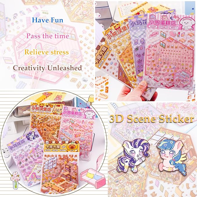 4 Sets DIY 3D House Sticker Make Your Own Mini Flower Shop, Bookstore, Cake Shop, Burger Shop Scenes Stickers for Kids Cartoon Scene Stickers for Adult Relief Stress Pass The Time-CubbioJoy