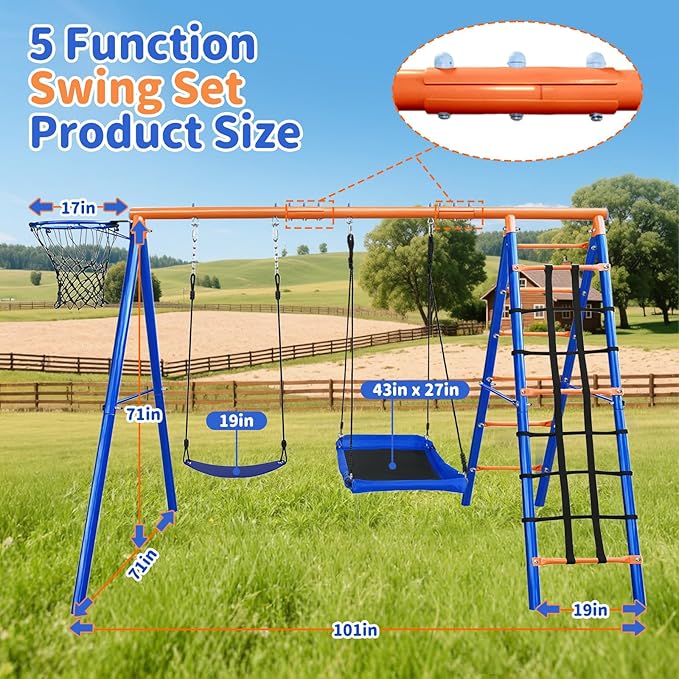 5-in-1 Heavy-Duty Metal Swing Set for Backyard - 500lb Capacity Outdoor Playset with Basketball Hoop & Climbing Rope-CubbioJoy