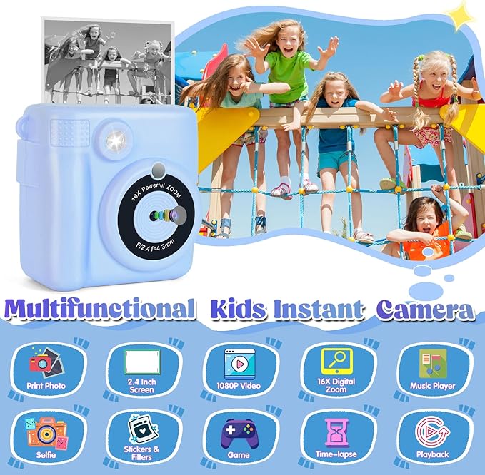 Instant Print Camera for Kids - 2.4 Inch Kids Camera Instant Print with Paper & 32G Card- Digital Children Toys as Christams Birthday Gifts for Girls Boys Age 3-12 - Blue-CubbioJoy