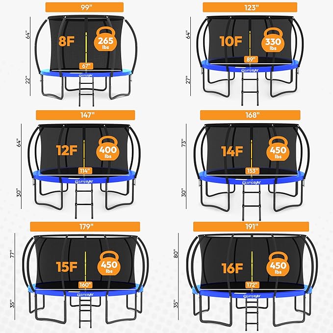 JUMPZYLLA Trampoline Outdoor 8FT 10FT 12FT 14FT 15FT 16FT with Enclosure and Ladder, ASTM Approved Recreational Trampoline for Kids and Adults, Anti-Rust Coated Frame-CubbioJoy